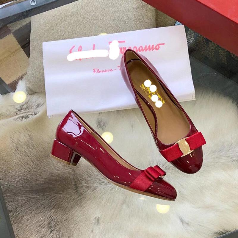 Patent leather leather single shoes bow flat bottom round head shallow mouth new red wedding shoes versatile thick heel medium heel women's shoes