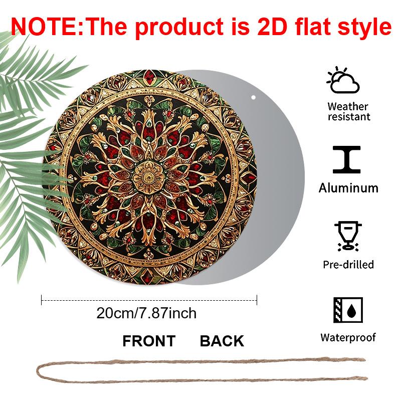 2D Flat 1pc, Vintage Gold Red Gem Mandala Floral Ornate Style, Circular Metal Wall Hanging Decor For Farmhouse Living Room Bohemian Porch Indoor