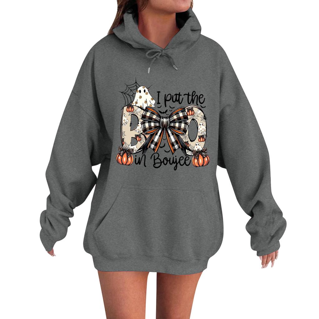 Women's Casual Fashion Comfortable Round Neck With Hood Long Sleeve Halloween Print Warm Sweatshirt