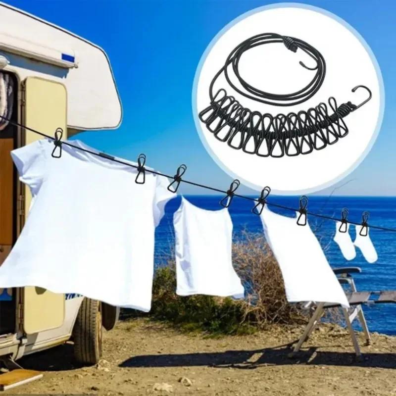 1 Pc Outdoor Portable 12 Clips Clothesline Multifunction Windproof Clothes Hanging Rope Camping Traveling Laundry Line