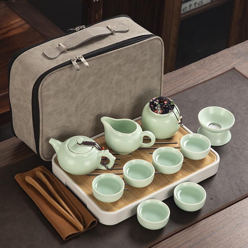 Travel ceramic Kung Fu tea set, tea tray, a full set of portable storage bags, practical business gifts for customers
