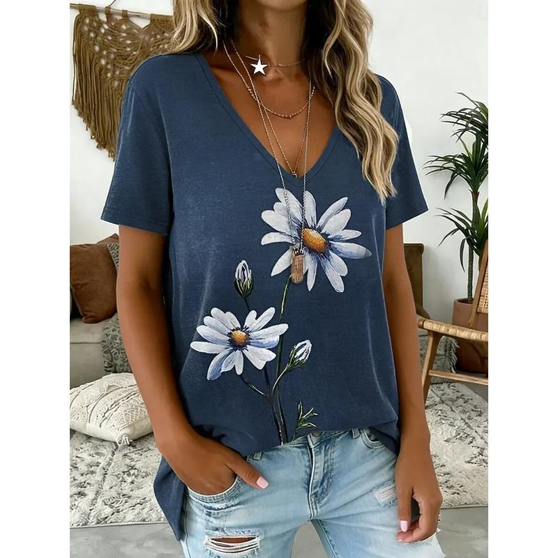

Women s Blue V Neck Short Sleeve Tops, Floral Graphic Print,Classic Stylish Regular T Shirt for Daily Going Out in Spring Summer L