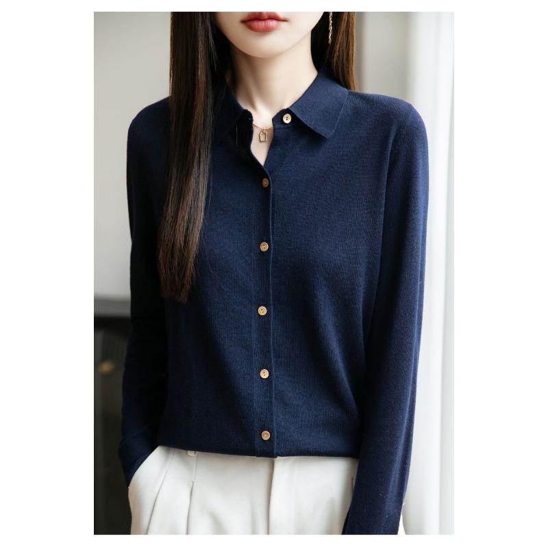 French POLO Collar Knitted Cardigan Feminine Long-sleeved Lapel Shirt Versatile Base Layer Top