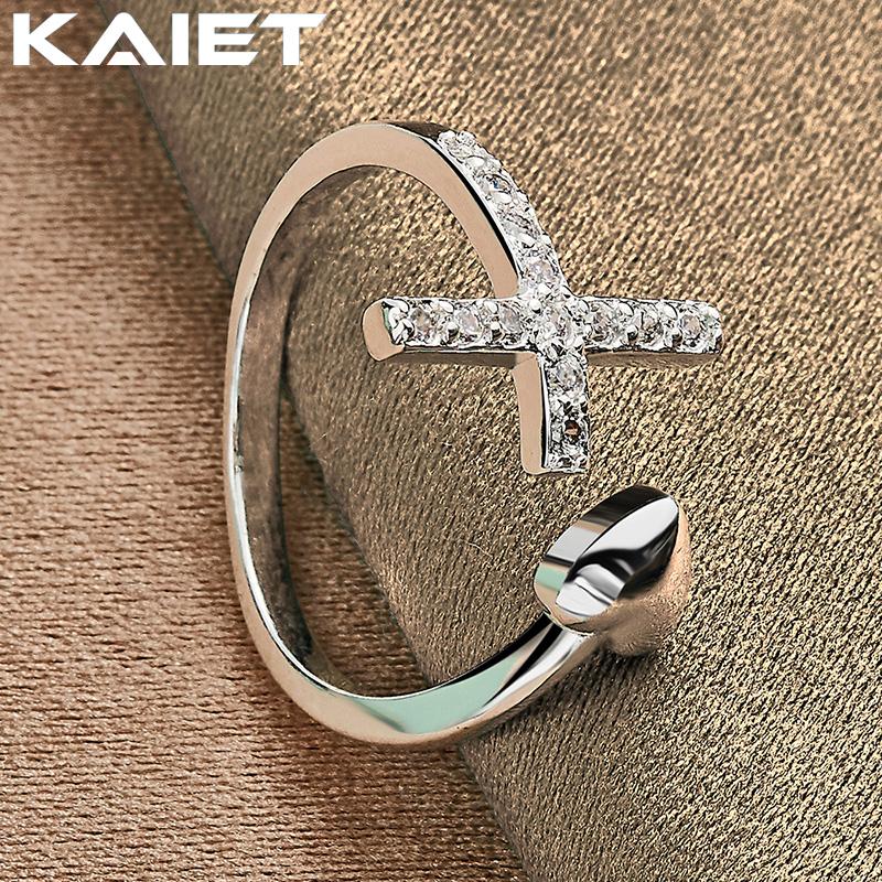 925 Silver Cross Crystal Heart Adjustable Ring For Women Accessories Jewelry
