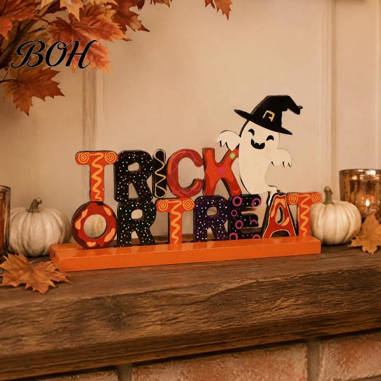 Creative Festival Table Signs Wooden Halloween Ornament, Trick or Treat/Boo/Happy Desktop Decoration Decorative Wood Lettering with Ghost Wizard