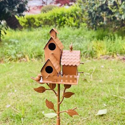 1pc Wrought Iron Art Bird House Shape Outdoor Garden Ground Insert for Outdoor Yard Patio Garden Decoration