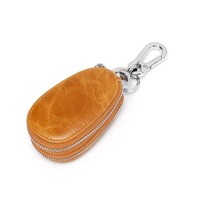 Vintage Unisex Leather Key Case with Double Zipper and Multi-Function - Soft Surface Oil Wax, Car Key Holder, Genuine Cowhide