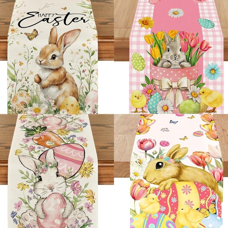 Linen Table Scarf Easter Rabbit Eggs Pattern Rectangular Washable Table Runner For Spring Decorations And Home Styling