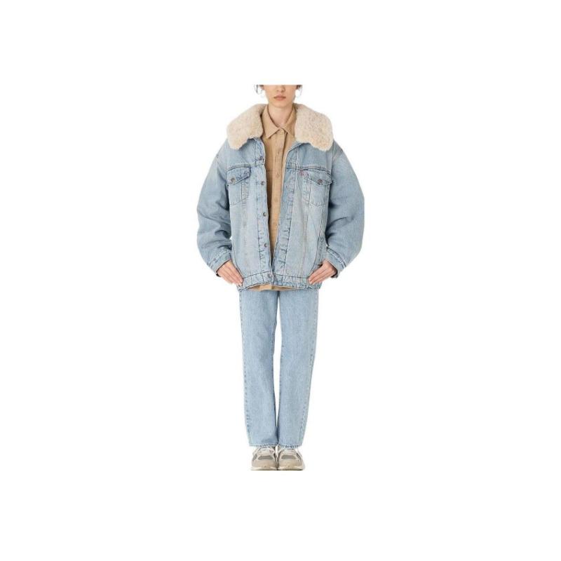 Levis FW22 Casual Solid Color Lamb Wool Collar Loose Denim Jacket Women Jackets Blue A3484-0000