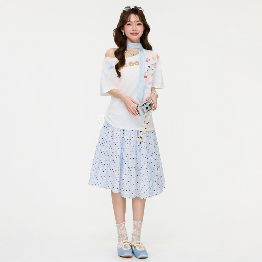 White Printed Diagonal Collar Off-shoulder Short-sleeved T-shirt Design Sense Spring and Summer New Loose Lazy Drawstring Top Women