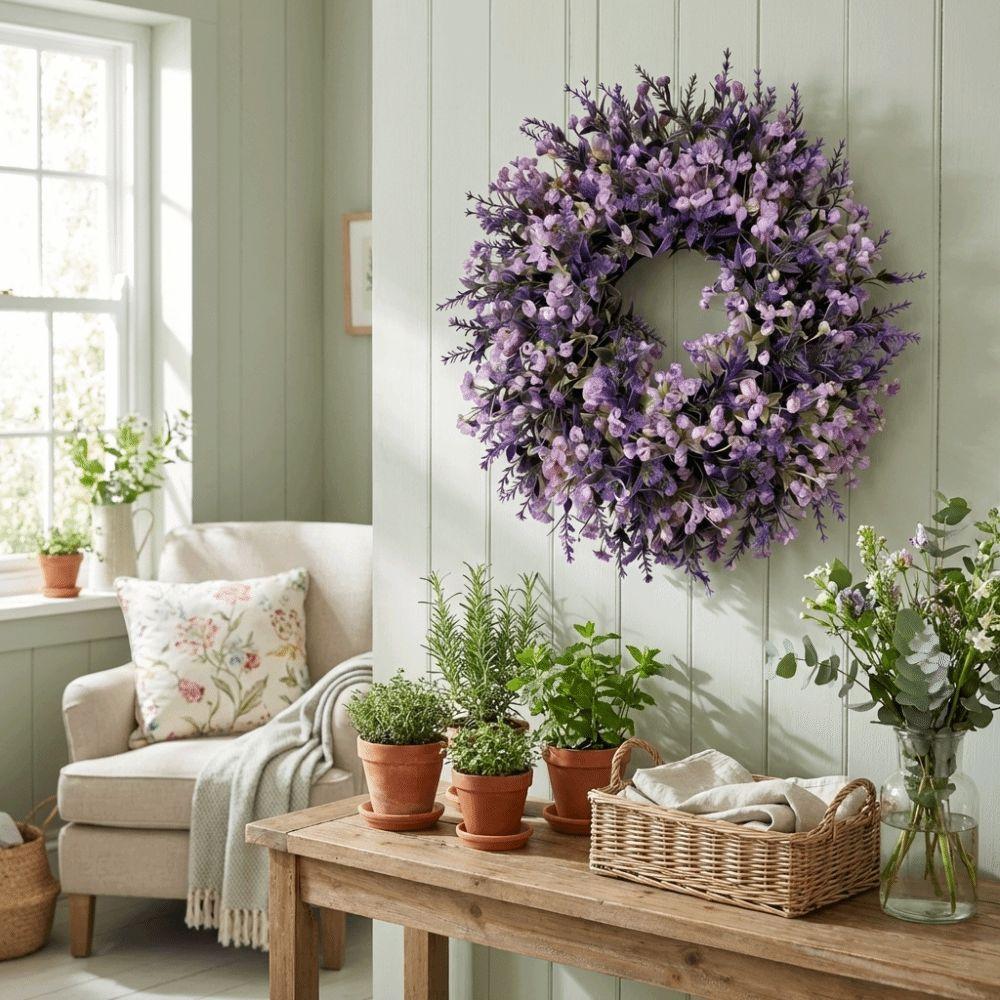 Lebensechter künstlicher Lavendelkranz Lebendige Farben Frischer künstlicher Blumenkranz Handgefertigter Kunststoff-Lavendel-Blumenkranz Veranda Fenster