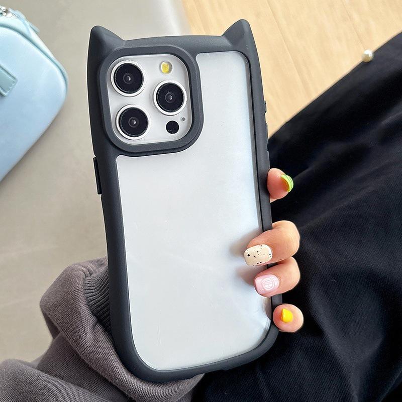 Cute Cat Ears Drop-Proof Phone Case for iPhone 17 Pro Max - Transparent, Grooved Design