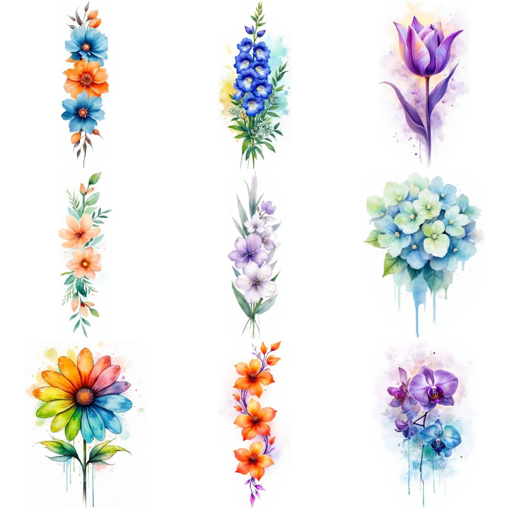 9pcs Temporary Tattoo Waterproof Long-lasting Body Stickers Sunflower Tulip Orchid For Chest Ladies Cheeks