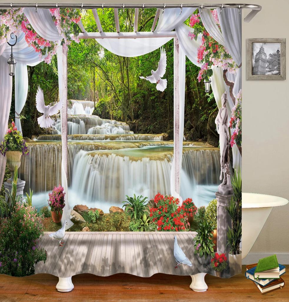 Rural Garden Flowers Seaside Scenery Shower Curtain Waterproof Bathroom Curtains Beautiful Sea Landscape Bath Screen with Hooks