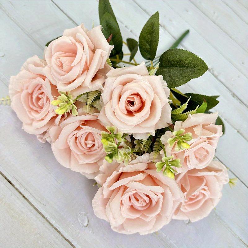 1Pc Plastic 7-Head Rose Green Plant Bouquet, Fake Flower