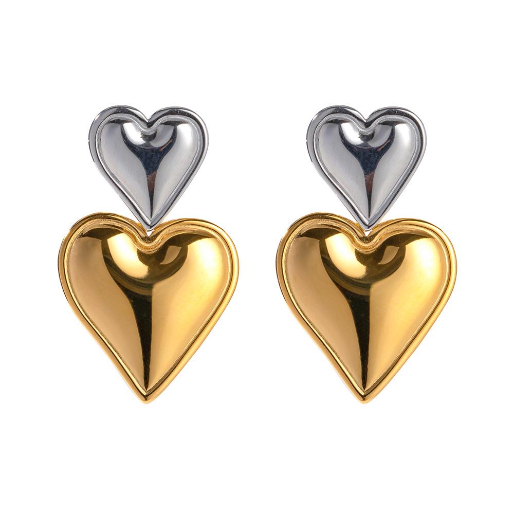 INS Style 18K Gold Stainless Steel Heart Earrings - Gold & Silver Two-Tone Women's Jewelry