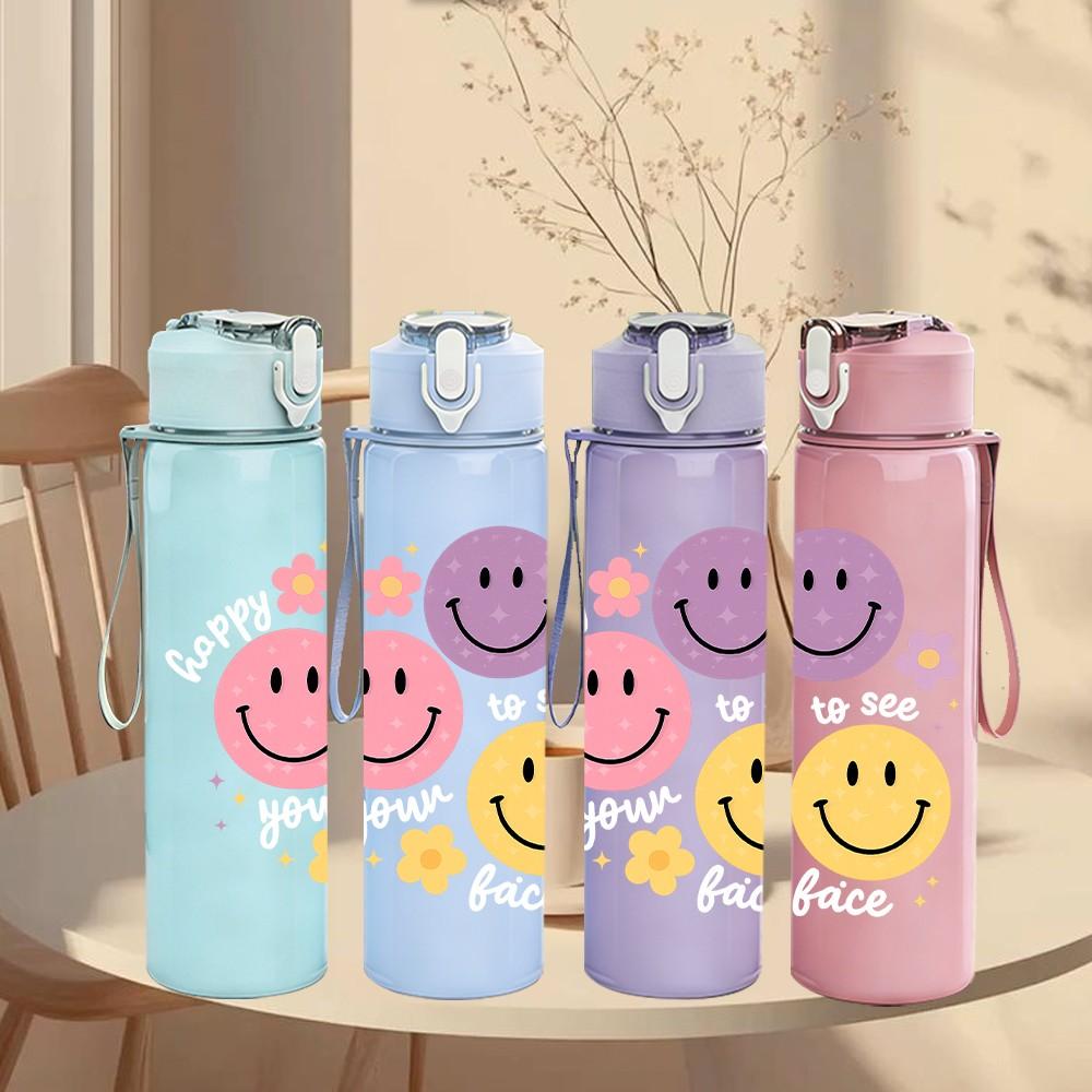 1PC Colorful Smiley Face Trio 750ml Color Plastic Sports Water Bottle Leakproof Flip Straw Lid Suitable for Sports Office Home Use