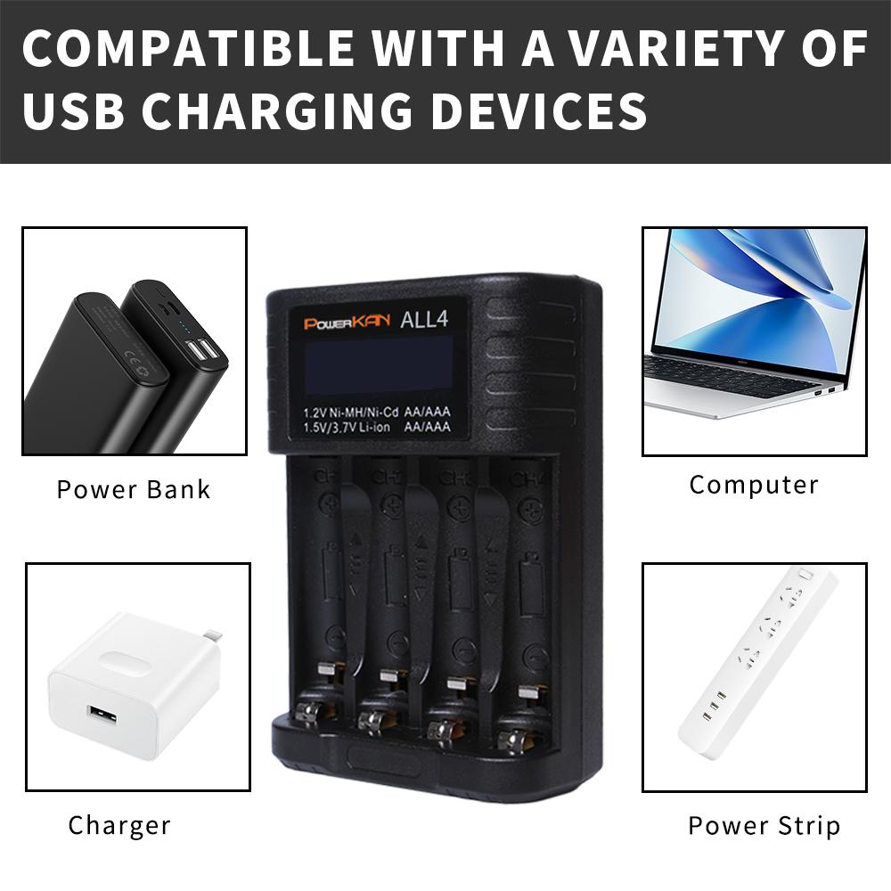 POWERKAN ALL4 AA/AAA 4-slot Small Convenient Battery Charger for 1.2V Hi-MH& 1.5V/3.7VLi-ion With LCD Screen