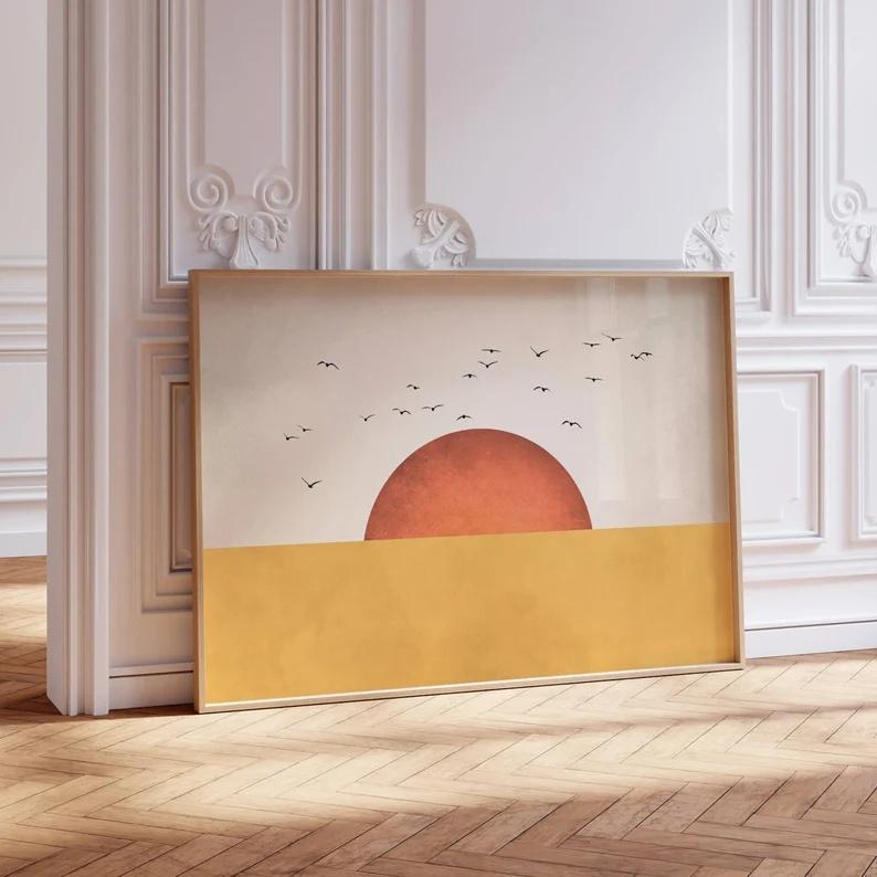 Yellow Flock of Birds Wall Cavans Art, Orange Sun Art Print, Japandi Wall Art, Abstract Landscape, Living Room Decor, Wall Art 21X30CMNo Framed