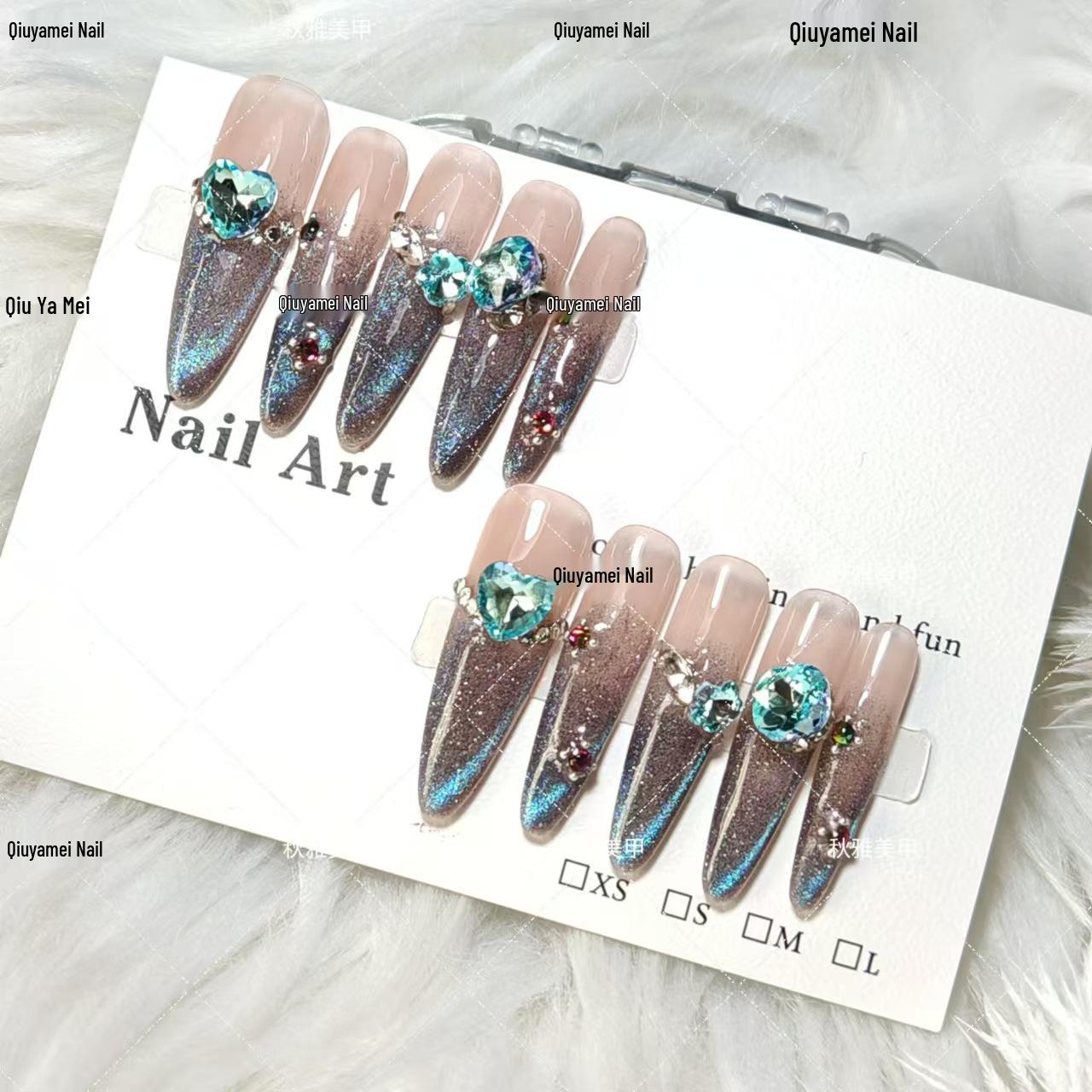 

K9 Blue Diamond Heart Cat Eye Nail Art - Nude, Transparent, Gradient, Pointed, Evil Light Explosion Flash. Medium M