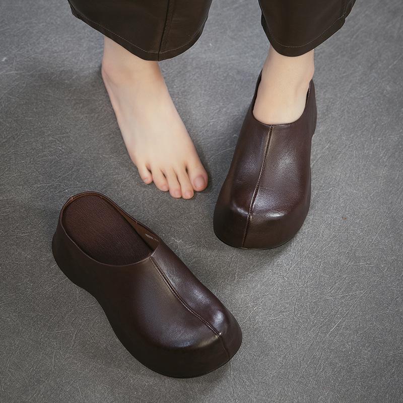 2026 Summer New Classic Retro Mule Sandals Breathable Full Cowhide Thick Sole Height Increasing Women Shoes