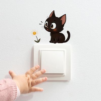 Soft Cute Little Black Cat Daisy Self Adhesive Switch Wall Sticker for Bedroom Kids Room Outlet Home Decor