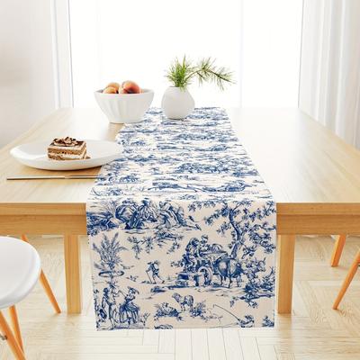 1 Piece Of French Country Style Table Flag, Rice Bottom Blue Painted Retro Pastoral Character Scene Pattern, Suitable For French Restaurants, Retro B&