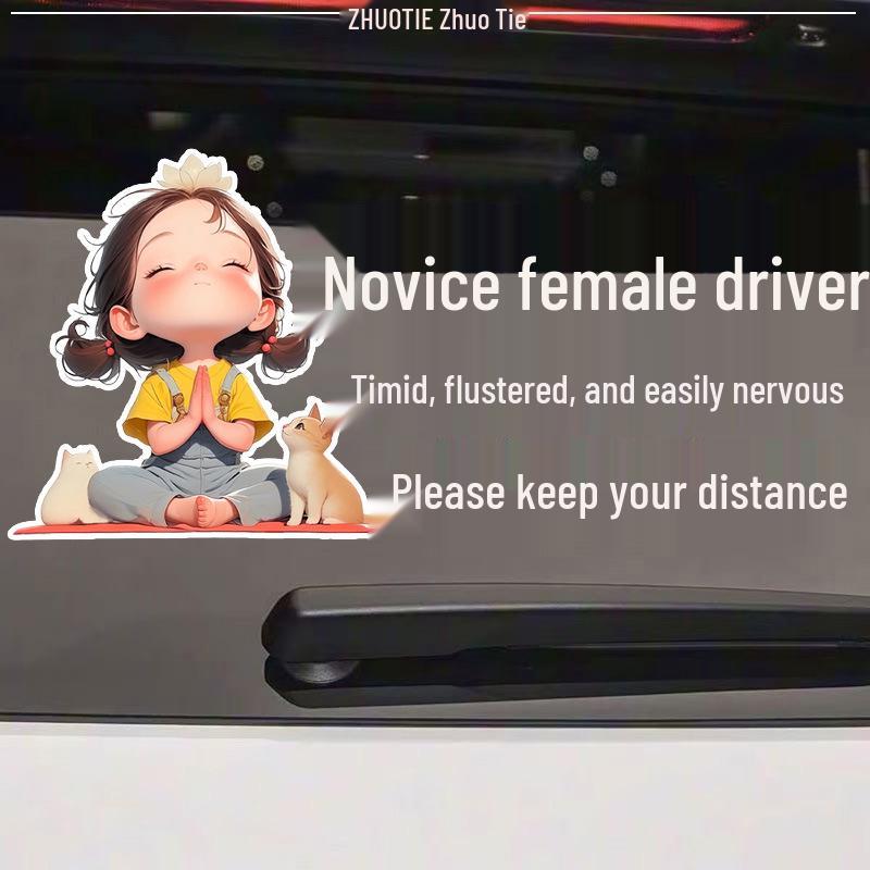 Reflective Warning Sticker: Timid & Flustered Female Driver, Keep Distance - Ideal for New/Practicing Drivers