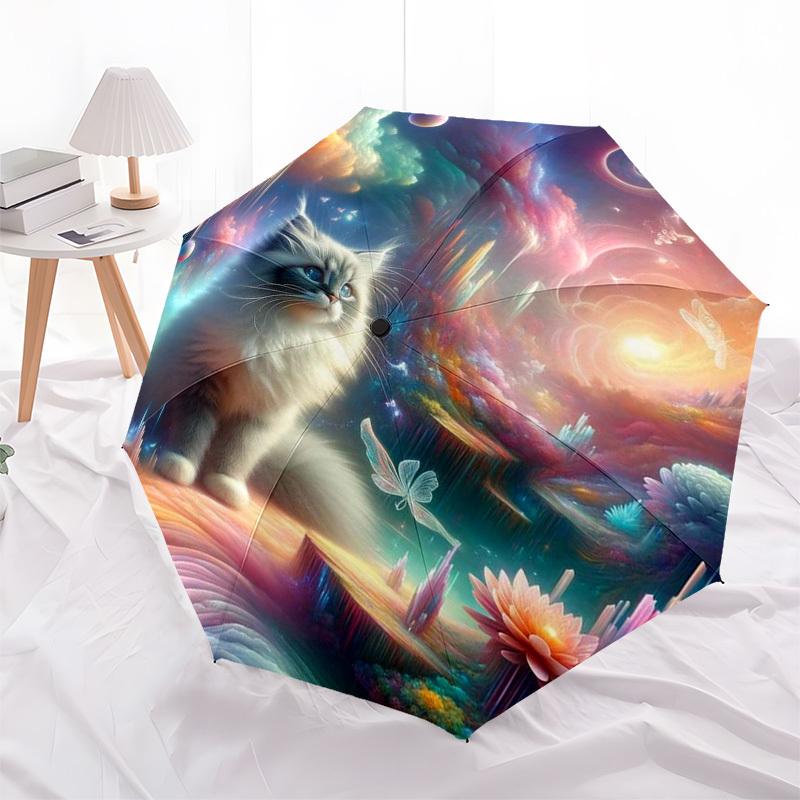 

1pc Fantasy Cat Outdoor Umbrella - Automatic Opening/Closing, Portable 3-Fold Design, 8-Bone Iron Frame, Perfect Gift for Fans and Travelers.L018