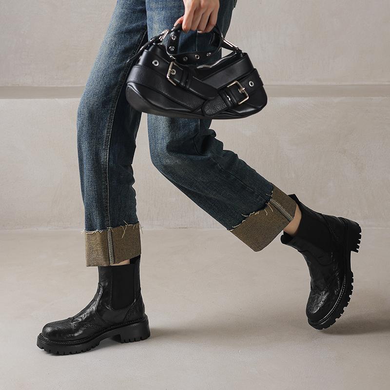 Fashion 2024 New Genuine Leather Winter Women Boots Brogues Platform Motorcycle Boots Ankle Boots Retro Sheepskin Slip-on Ladies Shoes