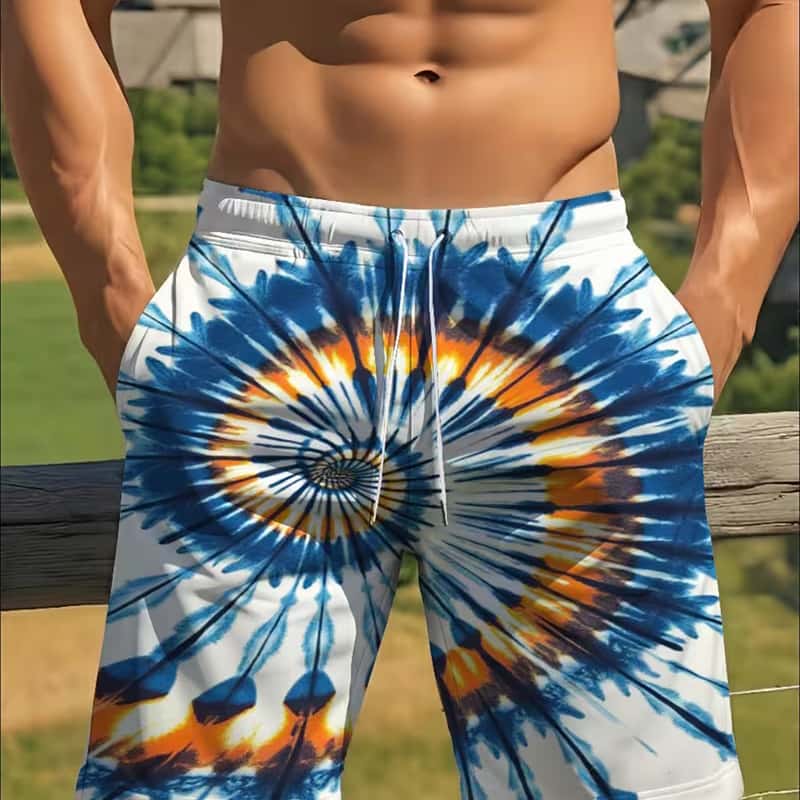 Summer men s new gray and brown contrast crackled camouflage print drawstring waist quick-drying loose shorts M