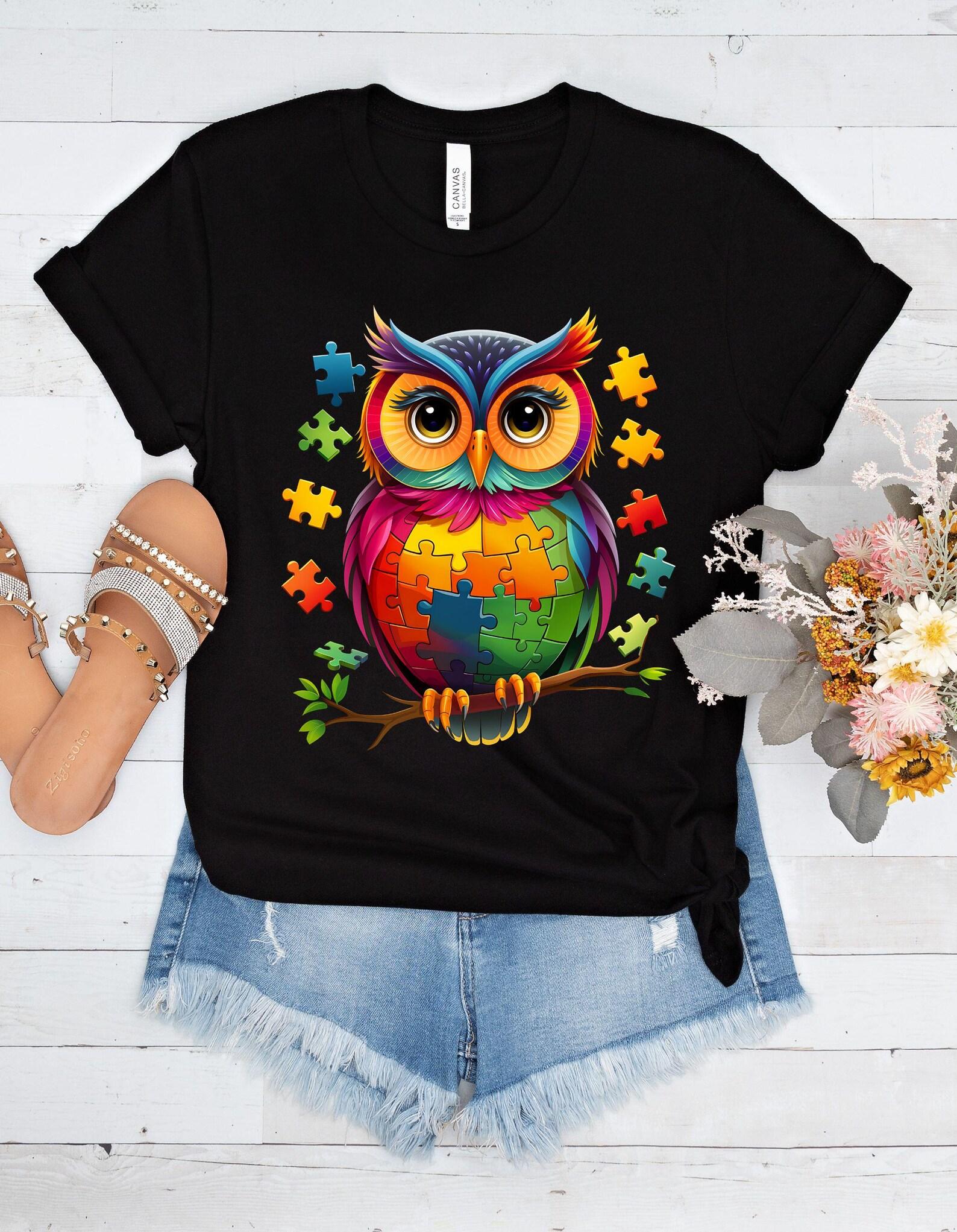 Autism Awareness Owl Tshirt, Unisex Tee, Colorful Puzzle Support Gift, Mothers Day, Owl Lovers, Autism Month, 8 colors M