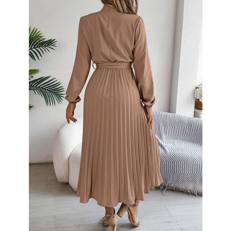 Women's Autumn and Winter Elegant Stand Collar Long Sleeve Waist Pleated Long Dress