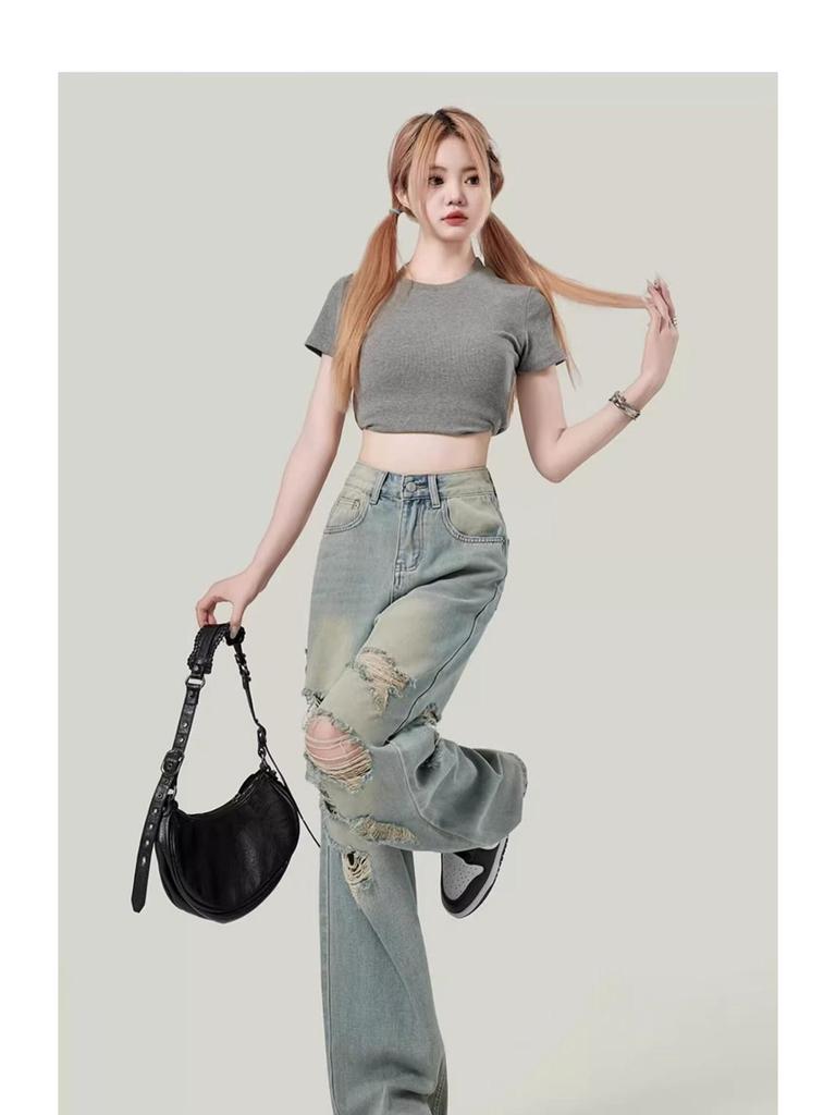 2024 Podzimní Retro Džíny s Vysokým Pasem a Širokými Nohavicemi s Dírami pro Ženy