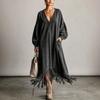 Women's Color V-Neck Long Sleeve Loose Fit Dress with Pockets and
