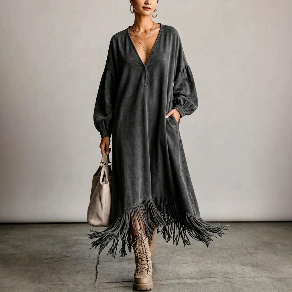 Women's Color V-Neck Long Sleeve Loose Fit Dress with Pockets and