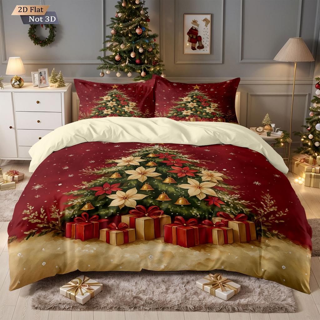 3Pcs Red Christmas Tree Print Coreless Bedding Set, Multi Size Bedroom And Dormitory Duvet Cover Machine Washable Decoration
