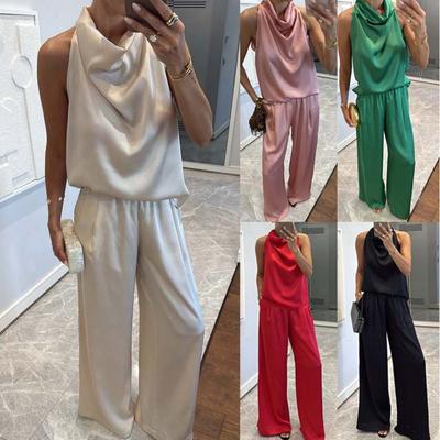 Women's Loose Two-piece Pant Set Sleeveless Cowl Neck Top Elastic Waist Wide Leg Trousers