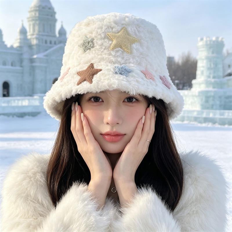 Women S Plush Star Bucket Hat Cute Warm Sun Protection For Autumn Winter