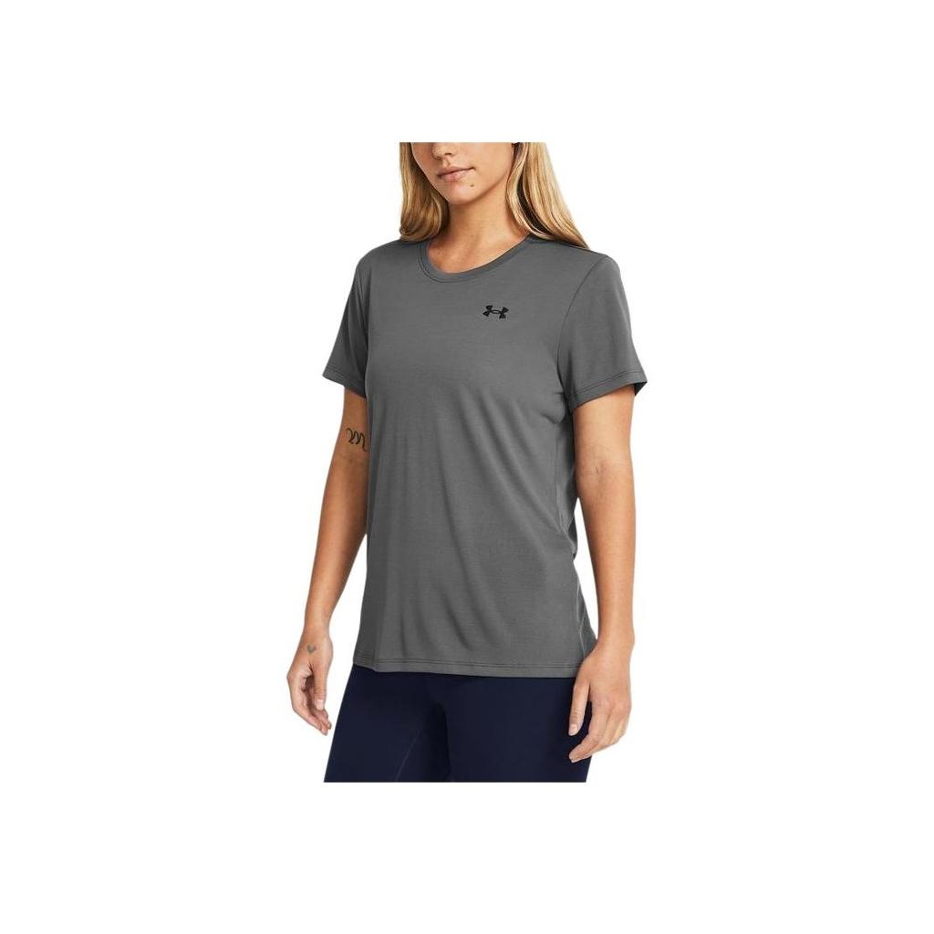 Under Armour Logo Print Casual Crew Neck Short Sleeve T-Shirt Women Tops Gray 1384231-025