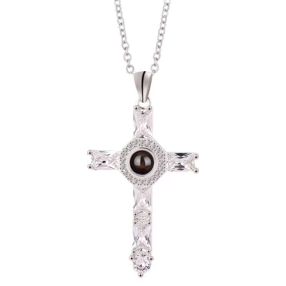 European & American Crystal Cross Projection Pendant Necklace with Diamond Accents