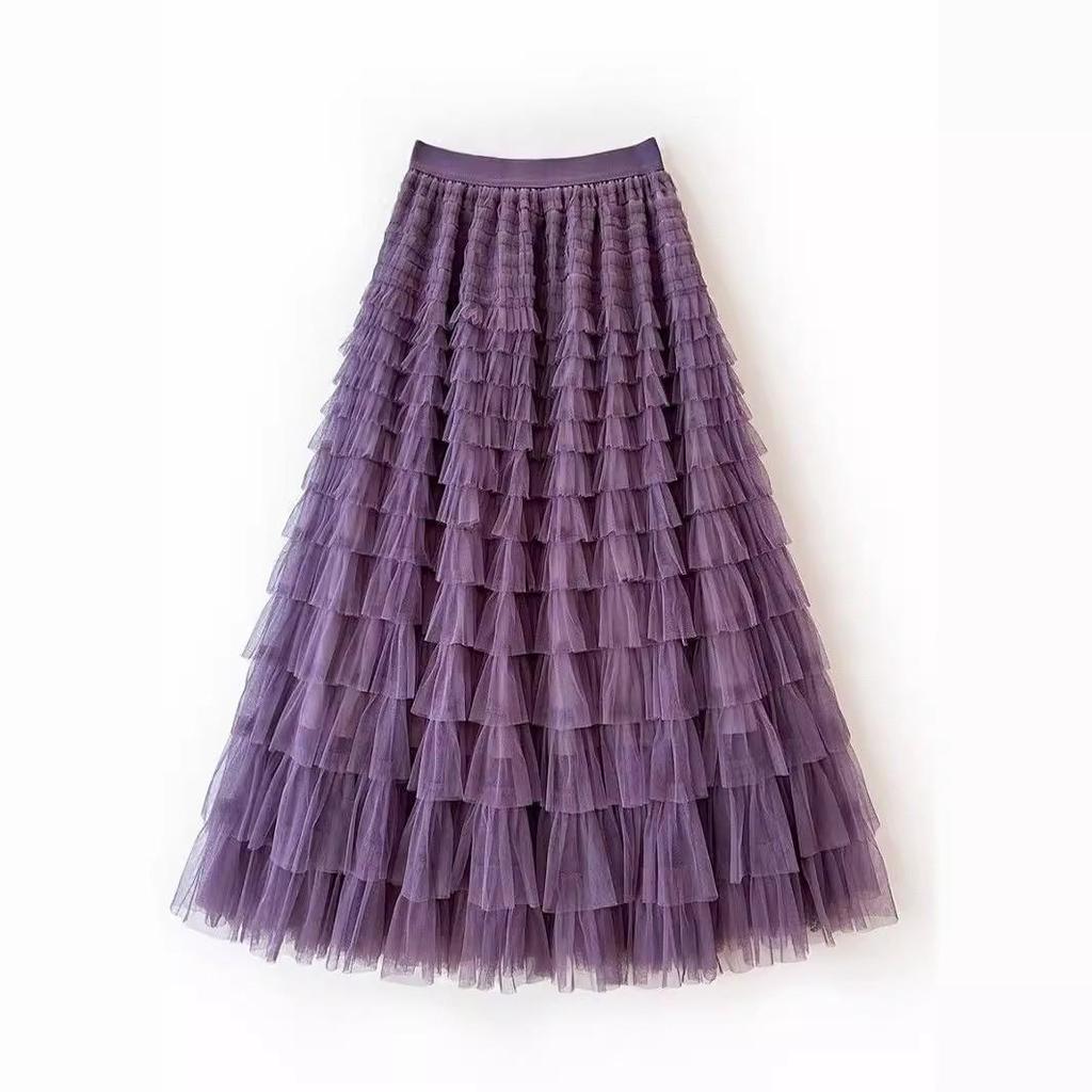 Women's High Waist Layered Tulle Midi Skirt – Autumn/Winter Pleated Puffy Mesh Skirt