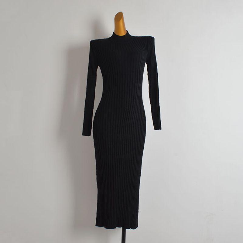 

New Arrival Pure Color Half Collar Sunken Stripe Long Sleeves Knitting Dress Women s Clothing Silm Slim Looking Package Hip over-the-Knee Long Dress Black M