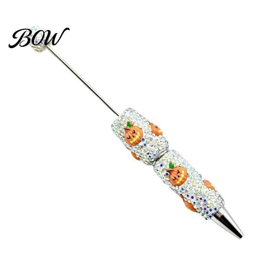 Halloween Beadable Pen Rhinestone Pen, Glitter Plastic Beaded Pumpkin Ghost Skull Writing Gel Ink for DIY Craft Making, School Office Supplies Set
