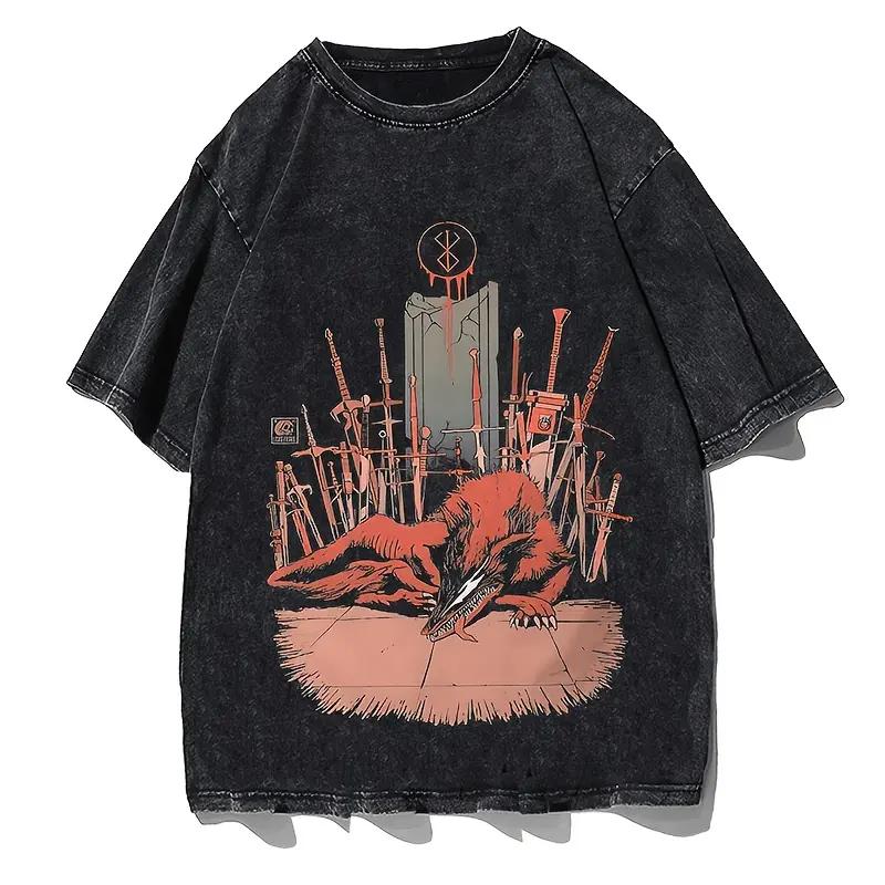Anime Berserk Guts Logo Graphic T Shirt Men Short Sleeve Clothing Casual Cotton Tshirt Vintage Washed T-shirt Harajuku Male Tops