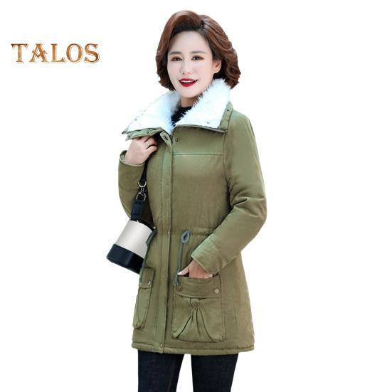 Winter Women Jacket Thickened Plush Turn-down Collar Long Sleeves Elastic Waist Pockets Zipper Closure Coat Mid Length Windproof Warm Coat