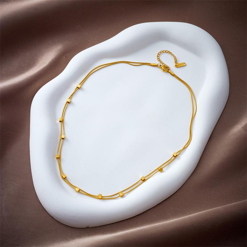 

Gold Double Layer Snake Bone Chain Necklace with Cube Beads Minimalist Choker Necklace for Women Daily Wear