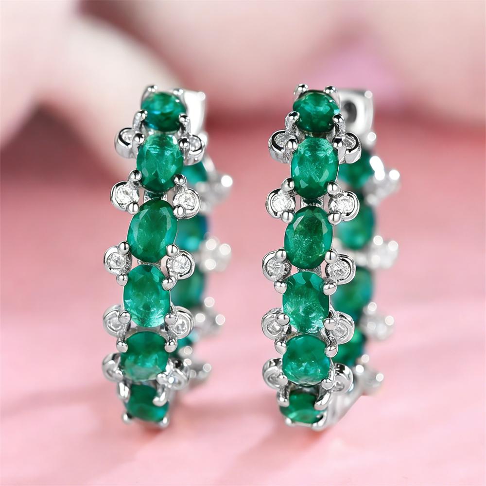 Cute Green Zircon Small Oval Stone Hoop Earrings For Women Vintage Silver Color Ear Buckle Wedding Jewelry Valentine's Day Gifts