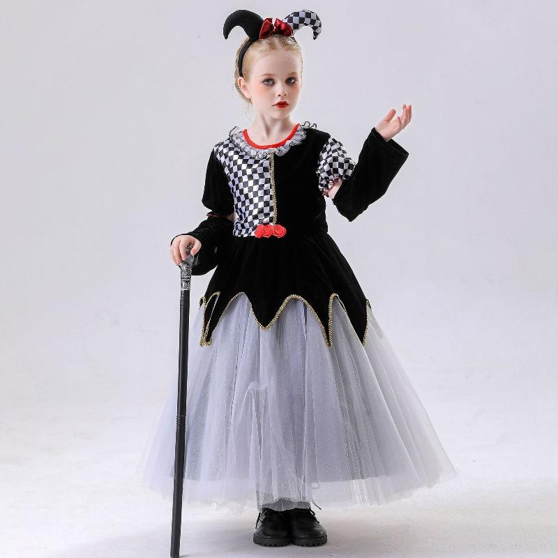 hildren's oker ueen lack and hite Plaid ress Clown Dress Princess Dress alloween Costume