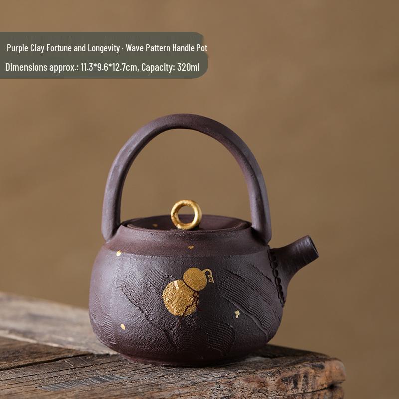 Hand-Painted Purple Clay Teapot with Golden Gourd Design, Fu Lu Ceramic Tea Set with Wave Pattern and Handle.